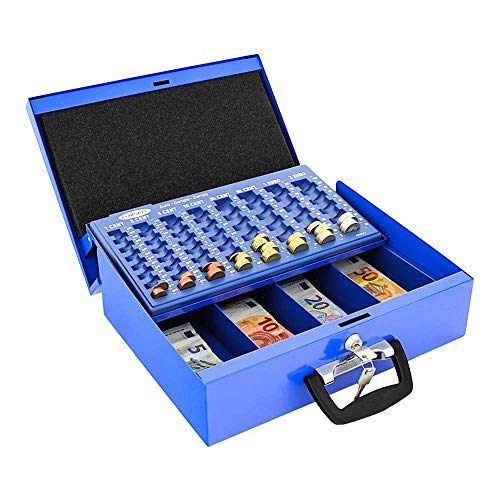 Caja de caudales Brussel de Rottner, Color Azul, Bandeja para billetes, Organizador de monedas, Cerradura de cilindro, Una asa en la parte superior y otra en el lateral