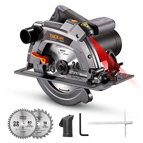 TACKLIFE Sierra Circular 1500W 4700RPM, Avanzado Motor de Cobre Puro, Sierra Compacta con Base de Hierro, Guía Laser, Corte 63mm (90º), 45mm (45º), 24T 40T Hoja, Cortar Madera y Metal -PES03A