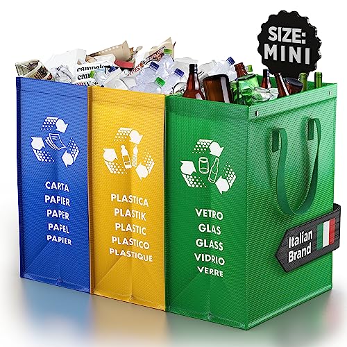 PTMS® Cubos de basura de reciclaje - 3 Cubo basura reciclaje para vidrio, papel y plástico - Bolsas reciclaje en colores estándar - Papelera cocina fácil de vaciar (Color Edition MINI)