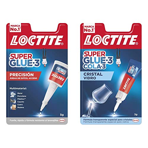 Loctite Super Glue-3 Precisión, pegamento transparente, adhesivo universal con goteo fácil de regular, 1x5 g + Loctite Super Glue-3 Cristal, adhesivo para cristal resistente al agua, 1x3 g