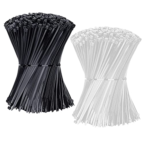 Bridas de Plastico para Cables 1000 Piezas Bridas Plastico Bridas de Nailon 200 x 3mm Resistentes UV para el Hogar, la Oficina y el Garaje (500 Piezas Negro + 500 Piezas Blanco)
