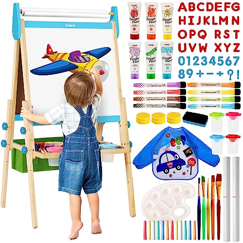 Belleur Caballete para niños todo en uno con 2 rollos de papel, caballete de arte de pie de lujo con tablero magnético, altura fácil de ajustar, azul