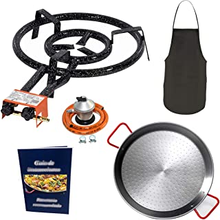 Makumba Kit Paellero 50 cm Gas butano Garcima, paellera de 60 cm, regulador de Gas + Manguera, delantal de cocina, guía de Instrucciones y recomendación de recetas.
